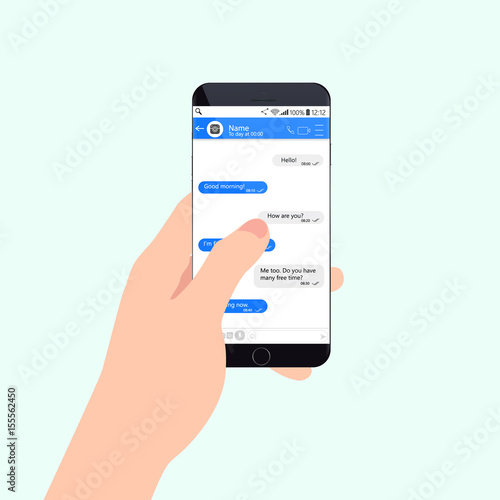 Chatting with chatbot on phone, online conversation with texting message flat vector concept.