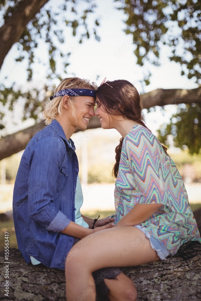Fototapeta premium Side view of smiling romantic couple sitting on tree trunk
