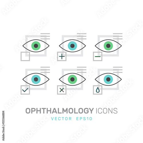 Vector Icon Style Illustration Set of Ophthalmology Healthcare, Medical Diagnosis, Human Vision Concept