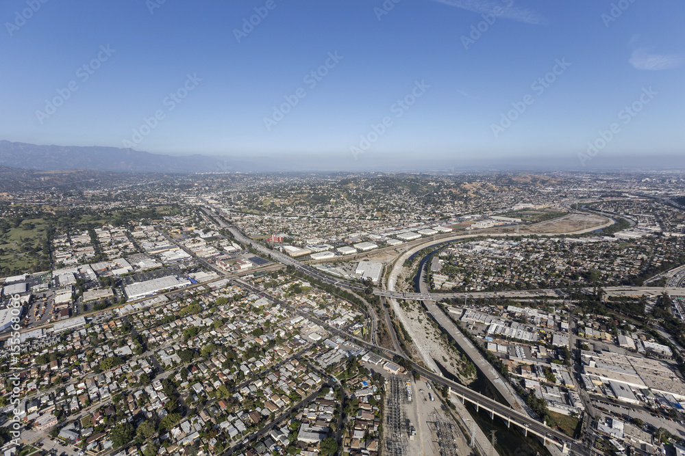 Aerial view of the Los Angeles River at the Glendale Freeway in Southern California.  
