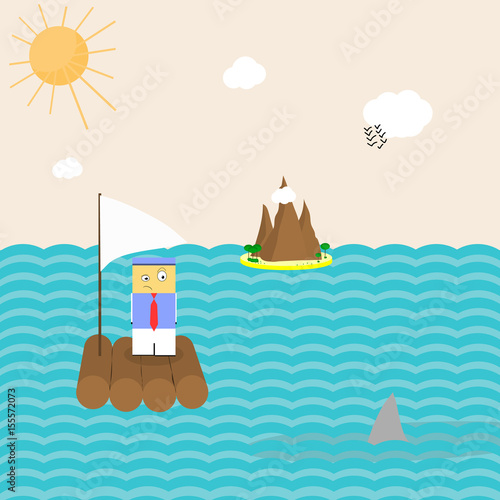 Funny flat vector illustration of the man with a red tie on a boat surprisingly looking at the sharks fin sticking out of the water and island, sun, clouds and birds on the background