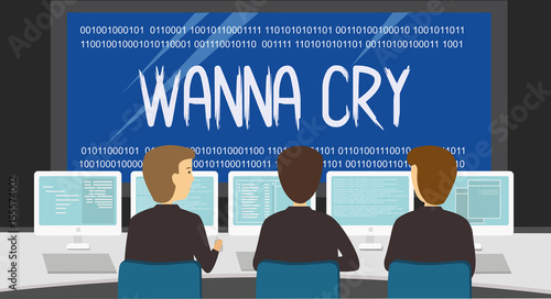 Cyber Security People protecting desktops from WannaCry Ransomware Attack. Computer network protection internet security conceptual illustration vector