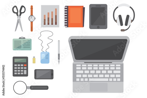 Workplace with mobile devices and documents. Office personal and Business Icons vector set. work table with gadget laptop flat illustration