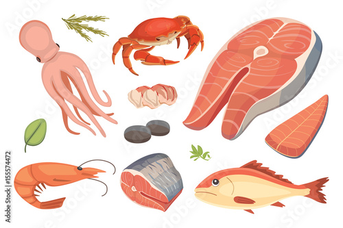 Vector Seafood illustrations set flat fresh fish and crab. Lobster and oyster, shrimp and menu, octopus animal, shellfish lemon.
