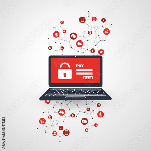 Network Vulnerability, Locked Device, Encrypted Files, Lost Documents, Ransomware Attack - Virus, Malware, Fraud, Spam, Phishing, Email Scam, Hacker Attack - IT Security Concept, Vector illustration
