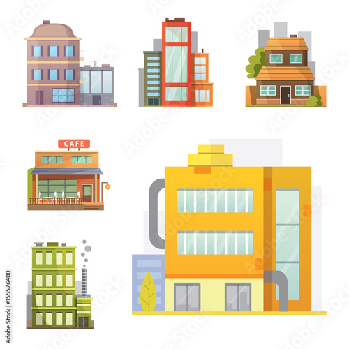 Fototapeta Naklejka Na Ścianę i Meble -  Flat design of retro and modern city houses. Old buildings, skyscrapers. colorful cottage building, cafe house.