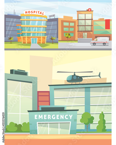 Hospital building cartoon modern vector illustration. Medical Clinic and city background. Emergency room exterior