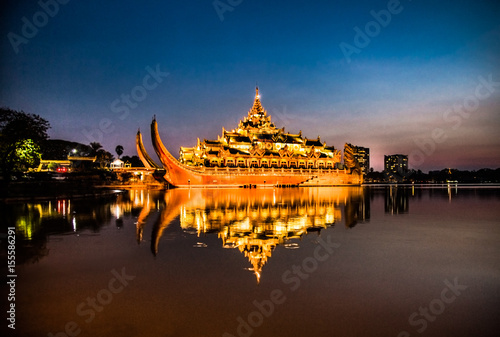Karaweik Palace in Kandawgyi Royal Lake. Yangon, Myanmar.
