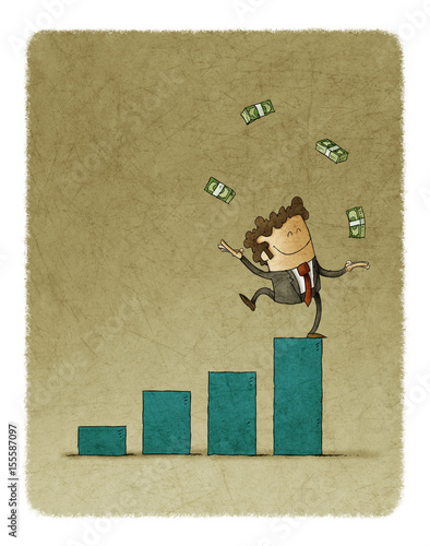Businessman juggling with money raised on top of a bar graph