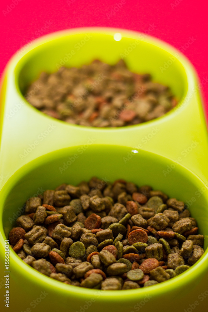 Green bowl full of multicolored dog food Green bowl full of multicolored dog food