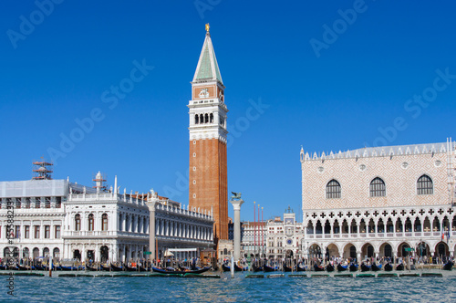 St Mark Campanile bell tower, San Marco Square, Doge Palace viewed from Grand Canal, Venice, Italy