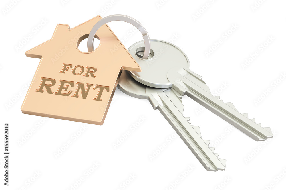 For rent concept, key with keychain, 3D rendering For rent concept, key with keychain, 3D rendering