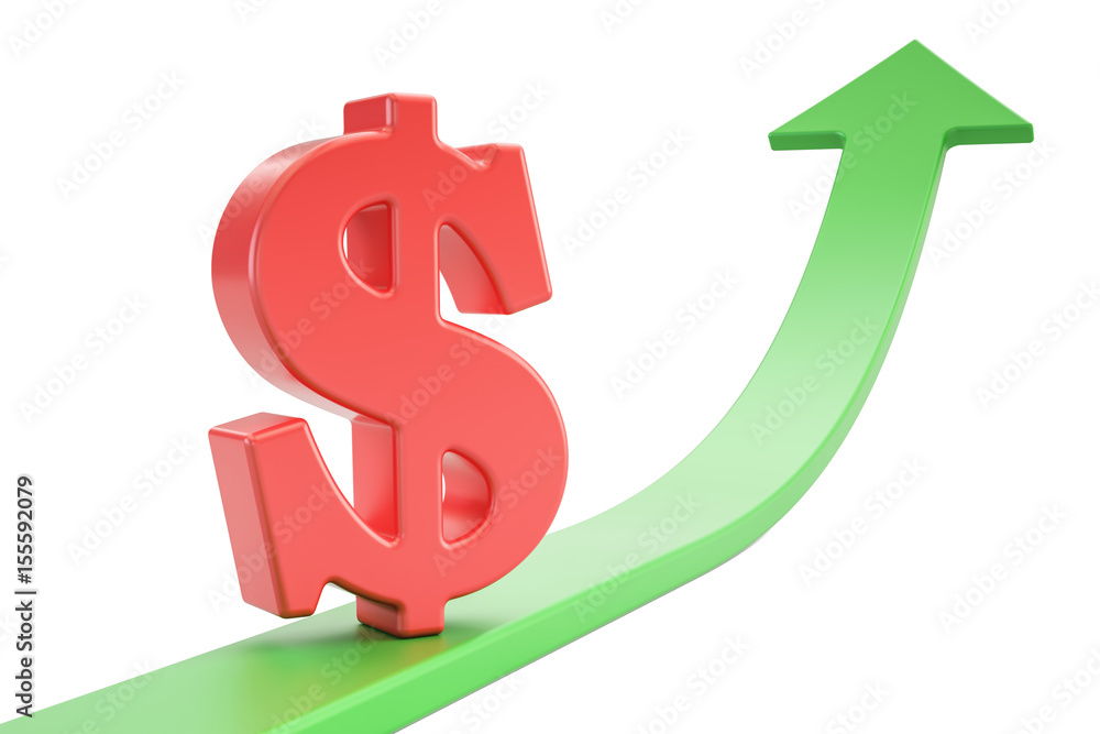 Growth green arrow with symbol of dollar, 3D rendering Growth green arrow with symbol of dollar, 3D rendering
