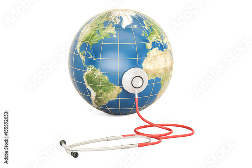 Globe Earth with stethoscope. Global healthcare, World Health Day concept. 3D rendering