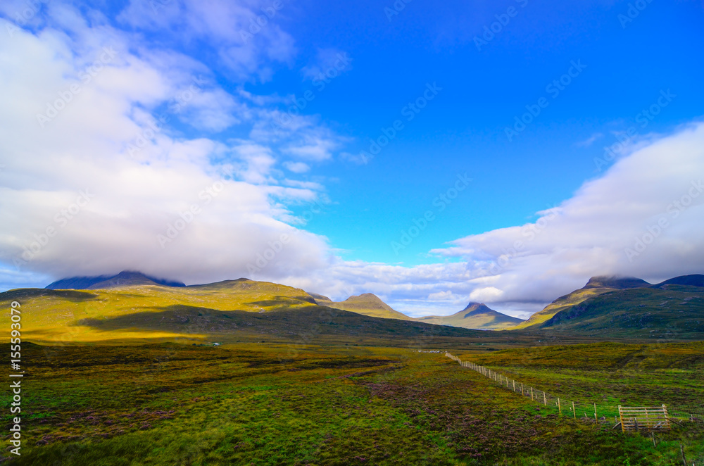 Scenic view of the mountains and meadows, Inverpolly, Scotland