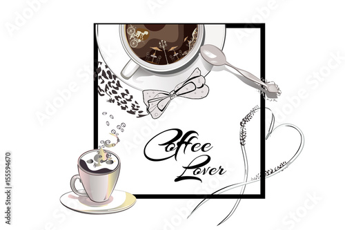 Coffee cup with a spoon and a violin. Cafe music. Hand drawn vector. T-shirt design for a coffee lover.