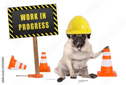 pug dog with constructor safety helmet and yellow and black work in progress sign on wooden pole, isolated on white background