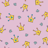 Princess crowns and diamonds seamless pattern on purple background vector