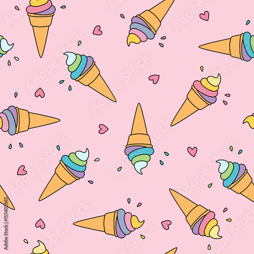 Pastel ice cream seamless pattern with cute hearts on pink background