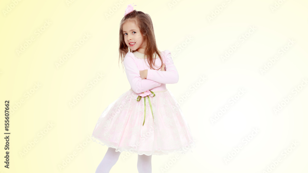 Naklejka premium Elegant little girl in a pink dress.