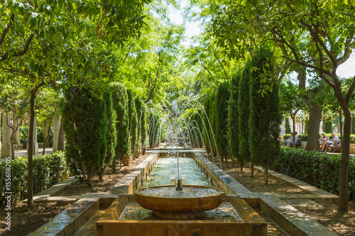 Gardens and water fountains near Almudaina Palace in Palma, Mallorca, Spain