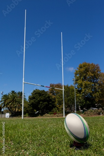 Rugby ball and post on grassy field against sky