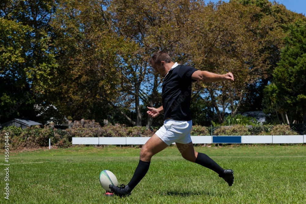 Determined rugby player kicking ball on grassy field