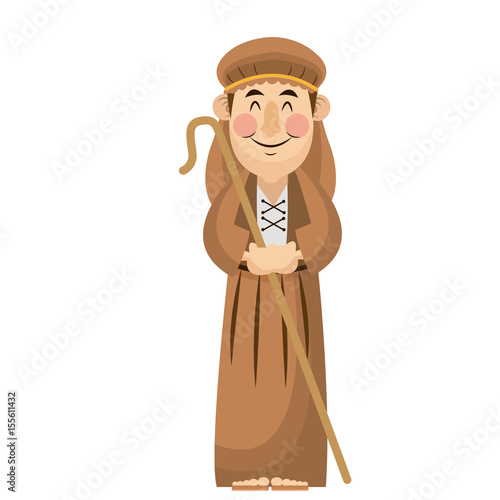man shepherd christmas character with stick wooden vector illustration