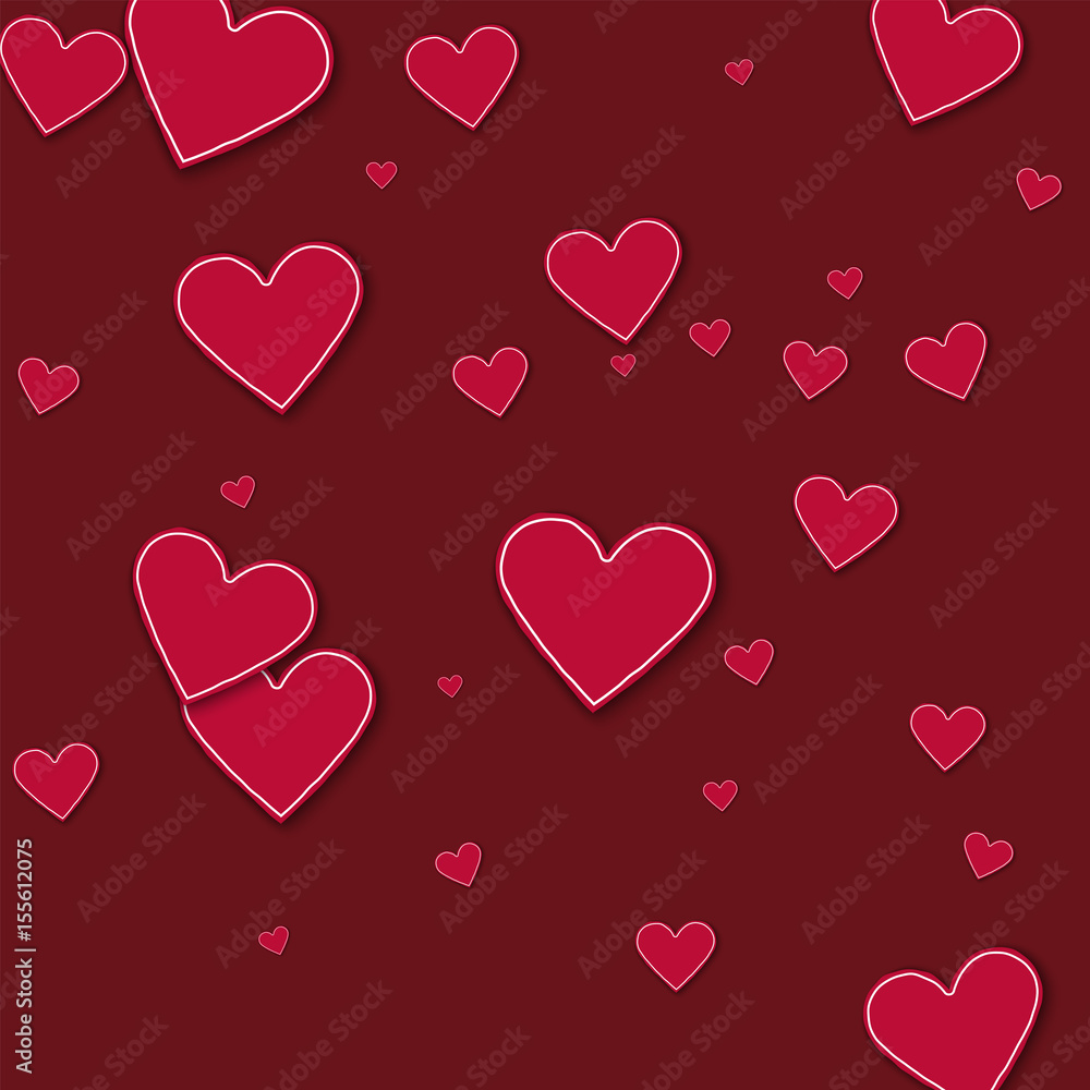 Random red paper hearts. Scatter horizontal lines on wine red background. Vector illustration.