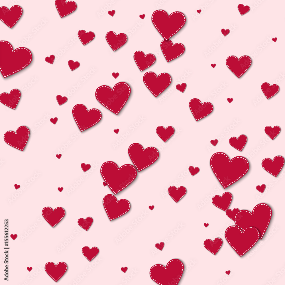 Red stitched paper hearts. Scatter vertical lines with red stitched paper hearts on light pink background. Vector illustration.