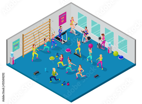 Isometric fitness illustration with group of girls and trainer at sports center  doing workout with dumbells, platforms, fit ball, suspension belts, running elliptical machine, stepper, bicycle