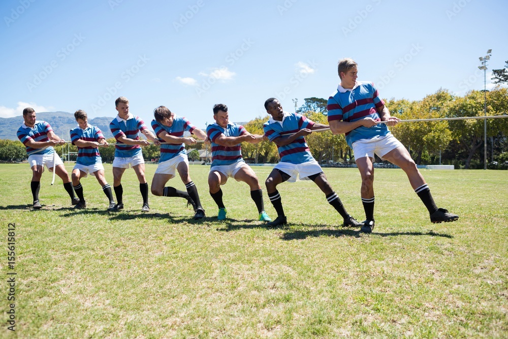 Obraz premium Rugby players pulling rope while standing on grassy field