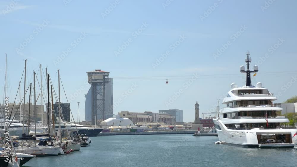 Yachts sitting in Barcelona harbor, cable cars in the sky Yachts sitting in Barcelona harbor, cable cars in the sky