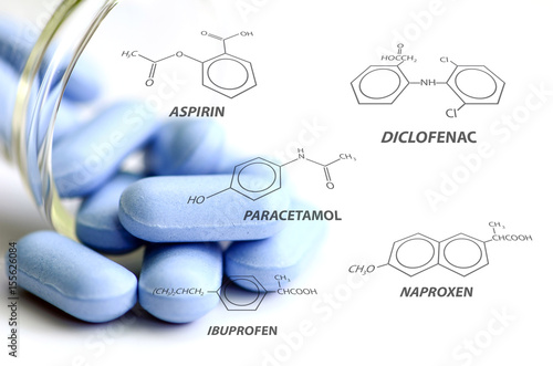 Blue caplets and some analgesic chemical structure. photo