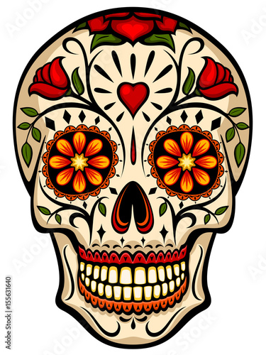 Vector illustration of an ornately decorated Day of the Dead sugar skull, or calavera. photo