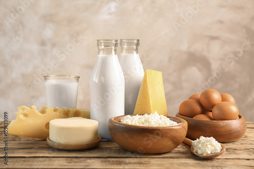 Set of different dairy products on table