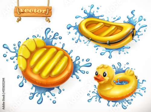 Summer. Yellow inflatable toys and water splashes. Floating air mattress, boat, ring, 3d vector icon set
