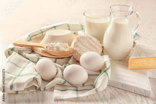 Dairy products on table, closeup