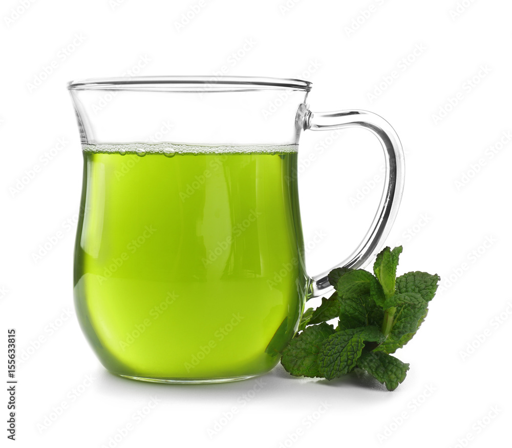 Cup of tea with mint leaves on white background Cup of tea with mint leaves on white background