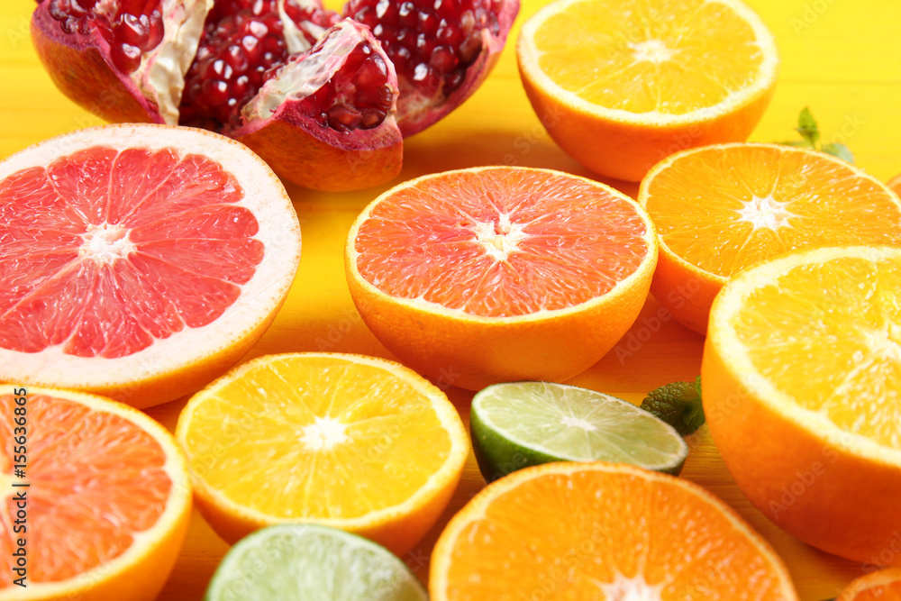 Beautiful composition with citrus fruits on wooden background Beautiful composition with citrus fruits on wooden background