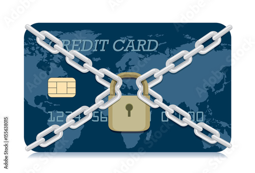 Vector Credit card locked with padlock and chain. Illustration about electronic money security system.