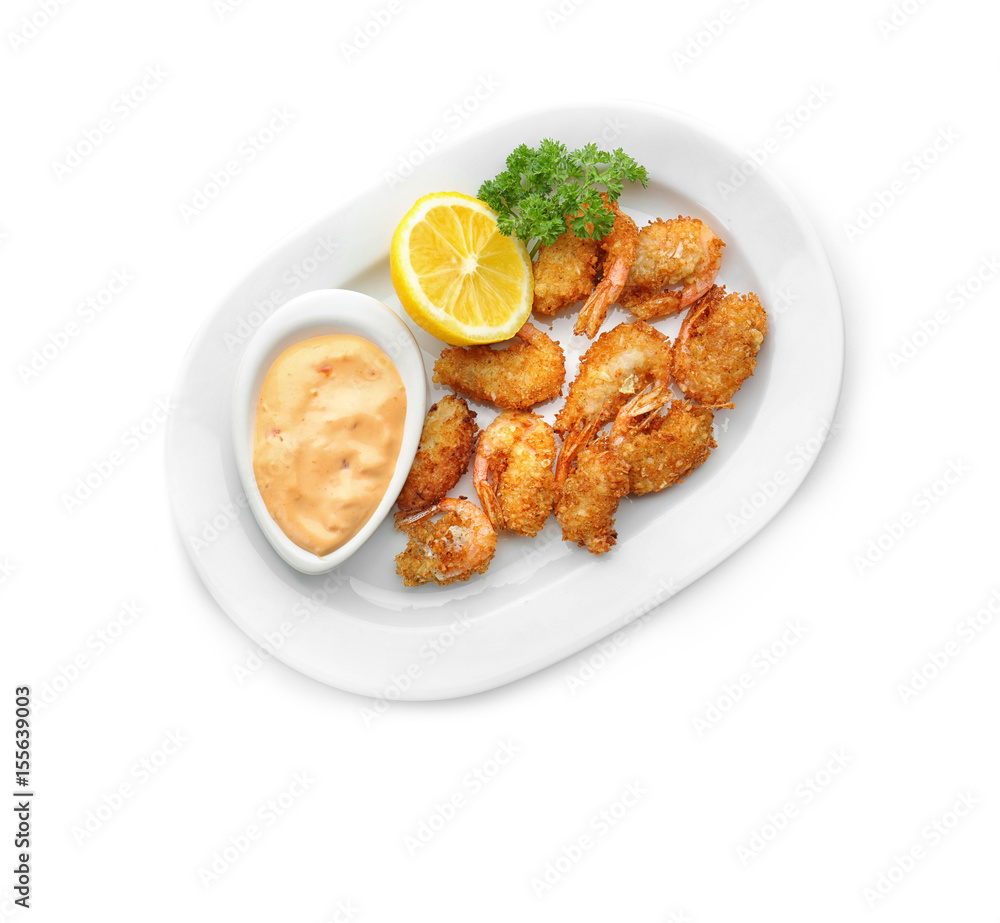Plate with delicious coconut shrimps on white background Plate with delicious coconut shrimps on white background