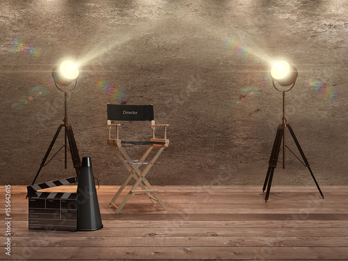 Film director's chair with megaphone and spotlights shining. 3D rendering