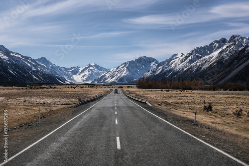 Landscape of road with mountains in south island of New Zealand