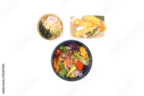 poke bowl and udon and tempura combo on white