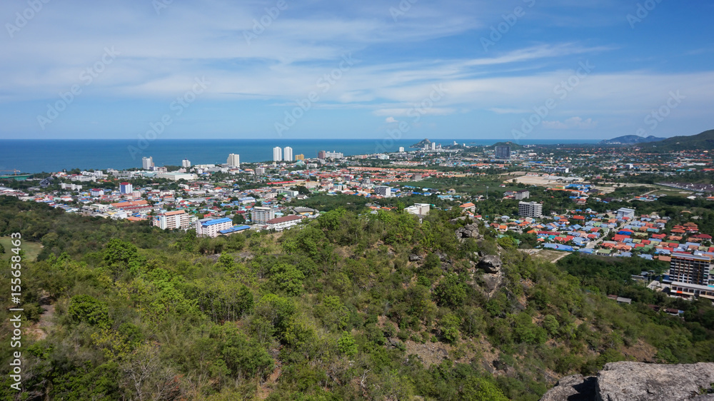Aerial view of Hua Hin city  with coastline from mountain, Thailand