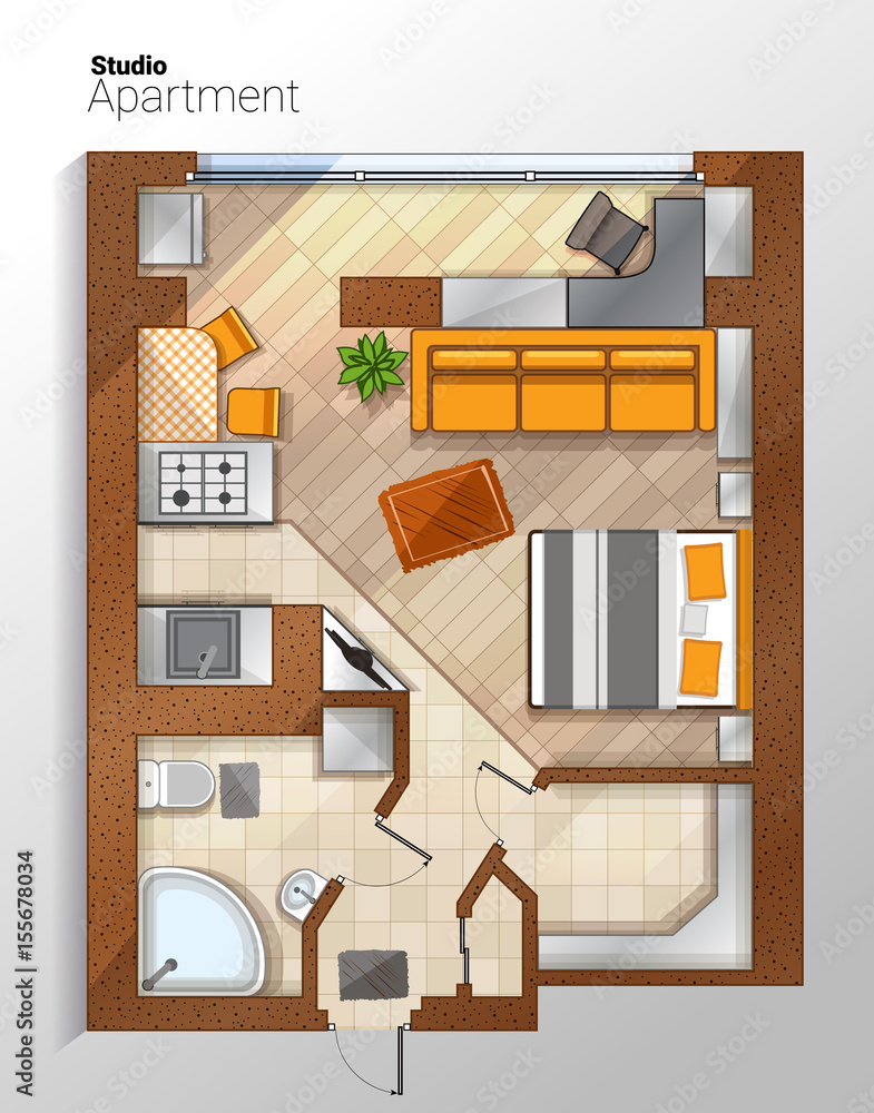 Vector modern studio apartment top view illustration Vector modern studio apartment top view illustration