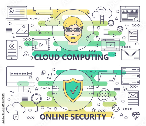 Vector modern thin line Cloud computing and Online security banners
