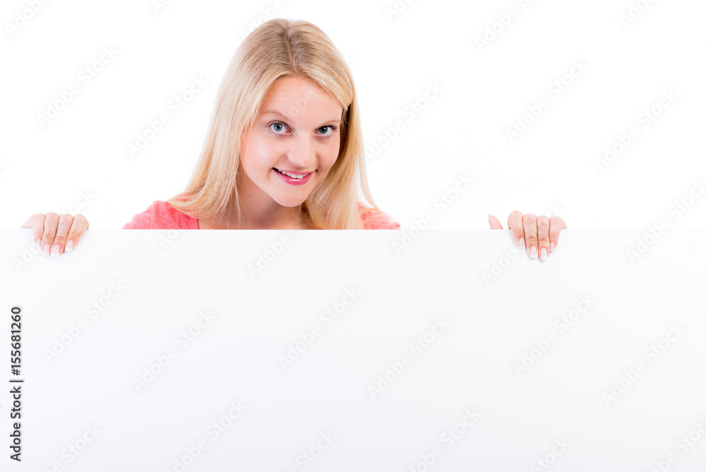Blonde Frau mit Schild Blonde Frau mit Schild