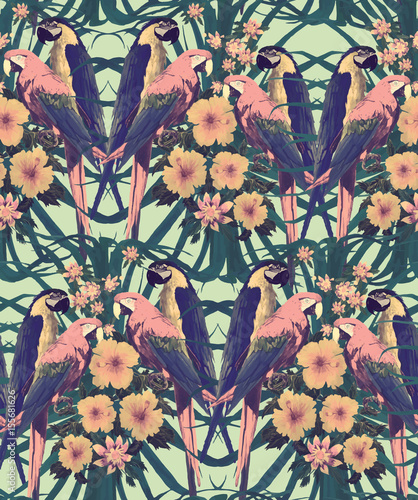 Vintage style seamless pattern with macaw parrots.